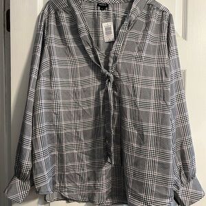 Torrid Black, White & Lavender Plaid Tie-Neck Blouse